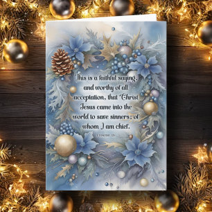 Jesus Saves Verse Blue Floral Christian Christmas Holiday Card