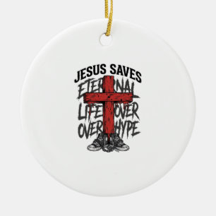 Jesus Saves Vintage Cross Christian Streetwear Shi Ceramic Ornament