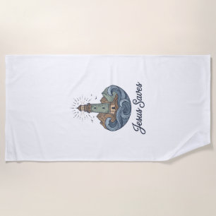Jesus Saves Vintage Lighthouse Christian Shirt_1 Beach Towel