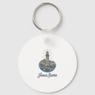 Jesus Saves Vintage Lighthouse Christian Shirt_1 Keychain