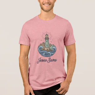 Jesus Saves Vintage Lighthouse Christian Shirt_1 Tri-Blend Shirt