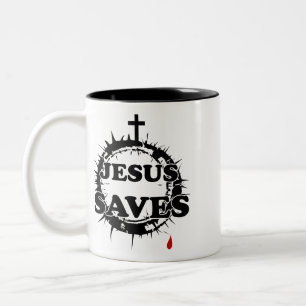Jesus Saves with Cross and Crown of Thorns Two-Tone Coffee Mug