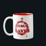 Jesus Saves with Cross and Crown of Thorns Two-Tone Coffee Mug<br><div class="desc">This item has a simple message: "Jesus Saves" in front of a crown of thorns; topped with a cross,  and dripping a drop of the Precious Blood of Christ.

Vintage style text and crown of thorns with a slightly "distressed" look. Makes a great gift for Christian family and friends.</div>