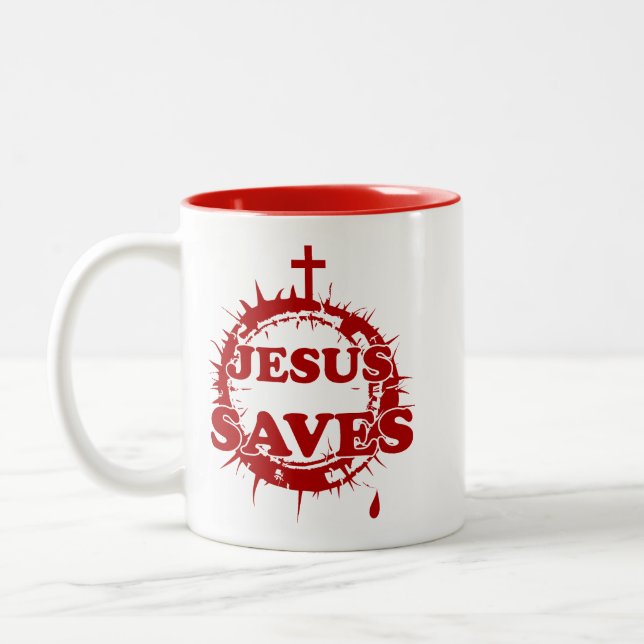 Jesus Saves with Cross and Crown of Thorns Two-Tone Coffee Mug (Left)