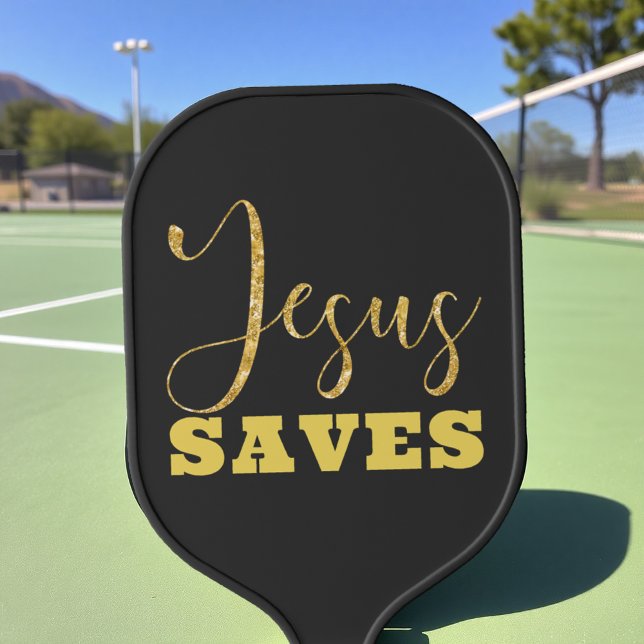 Jesus Saves Yellow Gold Glitter Pickleball Paddle (Creator Uploaded)