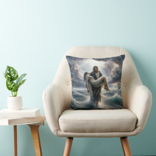 Jesus Saving a Young Woman In a Storm Throw Pillow