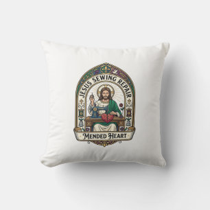 Jesus Sewing Repair Mended Heart Jesus Sewing Repa Throw Pillow