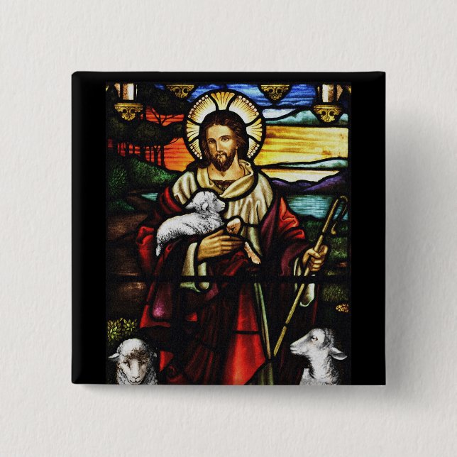 Jesus Shepherd with His Sheep 2 Inch Square Button (Front)