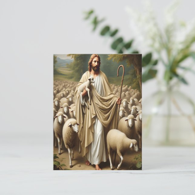 Jesus Shepherding Lambs in Serenity  Postcard (Standing Front)