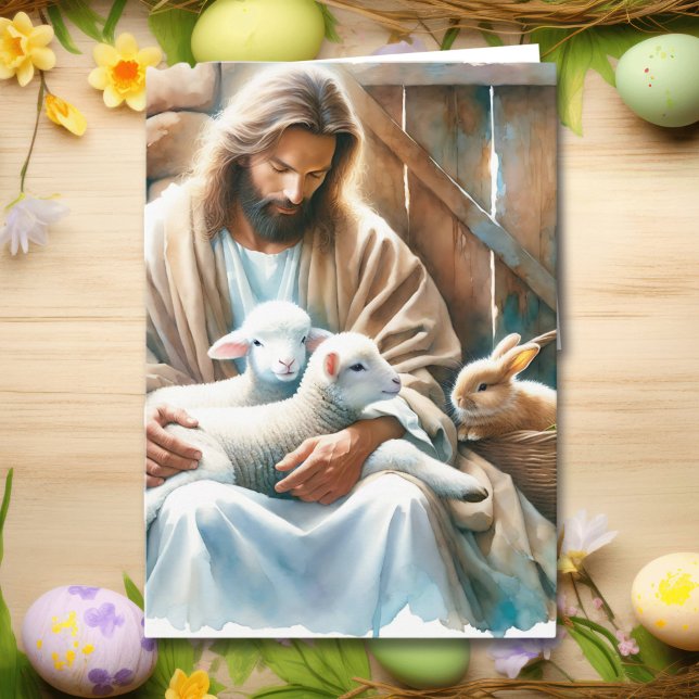 Jesus sitting with Lambs and Bunny | Easter Card (Creator Uploaded)