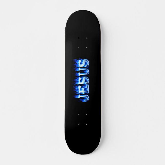 Jesus skateboard blue fire and flames design. (Front)