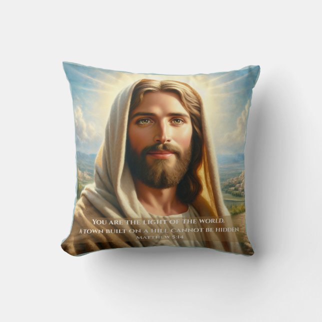 Jesus Smiling Under a Heavenly Sky Throw Pillow (Front)