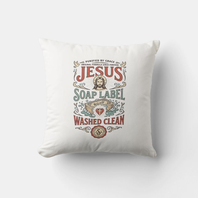 Jesus Soap Label Washed Clean Jesus Soap Washed Cl Throw Pillow (Front)