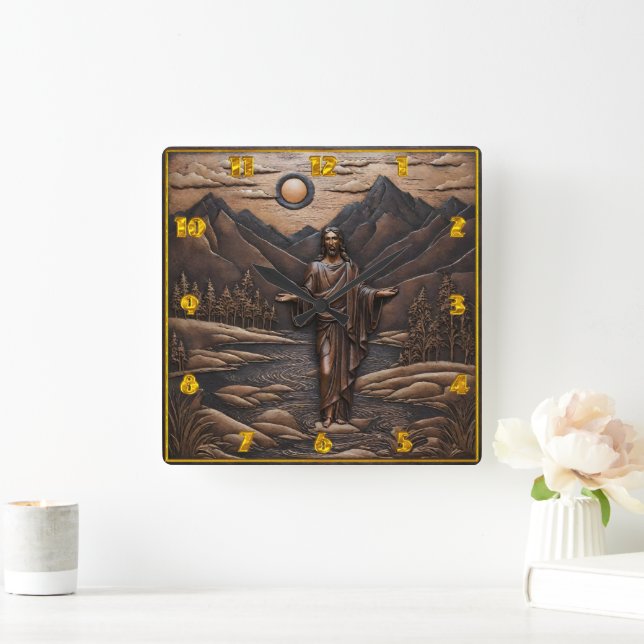 Jesus Standing by the River in Mountain Landscape Square Wall Clock (Home)