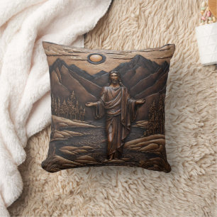 Jesus Standing by the River in Mountain Landscape Throw Pillow