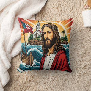 Jesus standing by the sea with a boat at sunset throw pillow