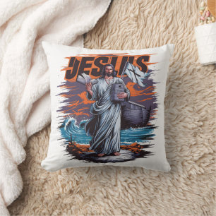 Jesus standing by the sea with a book and boat throw pillow