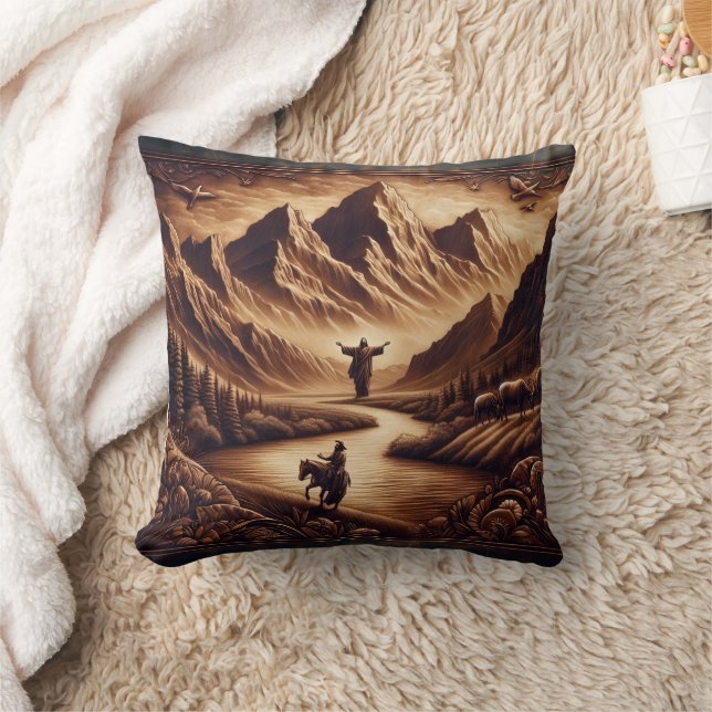 Jesus Standing in Mountains by River at Sunset Throw Pillow (Blanket)
