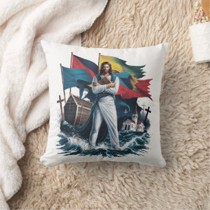 Jesus stands firm among waves and flags throw pillow