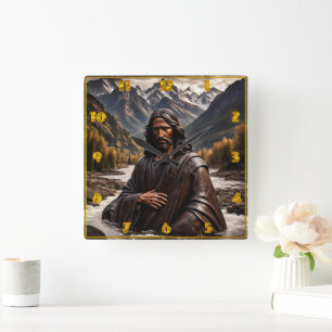 Jesus Statue in Mountain River Landscape Square Wall Clock
