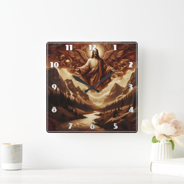 Jesus Surrounded by Angels in Mountain Landscape Square Wall Clock (Home)