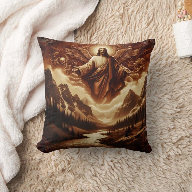 Jesus Surrounded by Angels in Mountain Landscape Throw Pillow (Blanket)