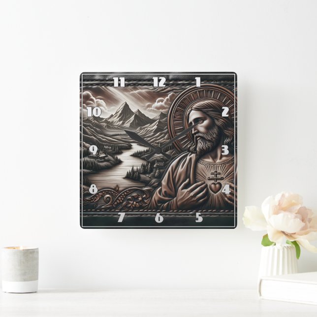Jesus Surrounded by Majestic Mountains at Dusk Square Wall Clock (Home)