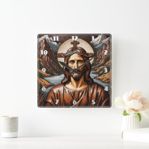 Jesus Surrounded by Mountains and River Square Wall Clock