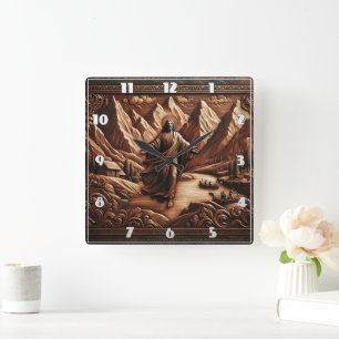 Jesus Surrounded by Mountains and River Square Wall Clock