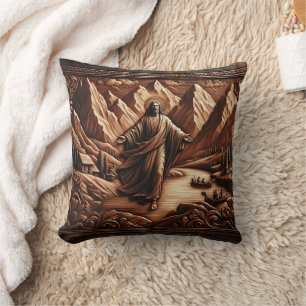 Jesus Surrounded by Mountains and River Throw Pillow
