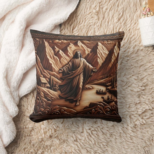 Jesus Surrounded by Mountains and River Throw Pillow (Blanket)