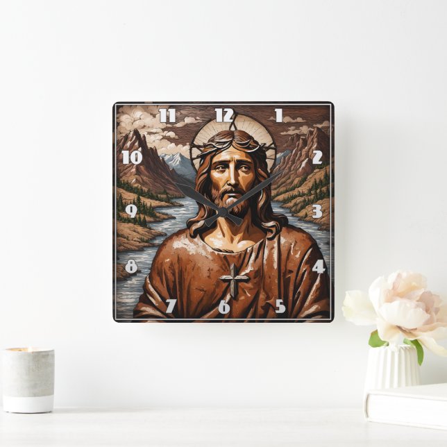 Jesus Surrounded by Mountains and Waterway Square Wall Clock (Home)