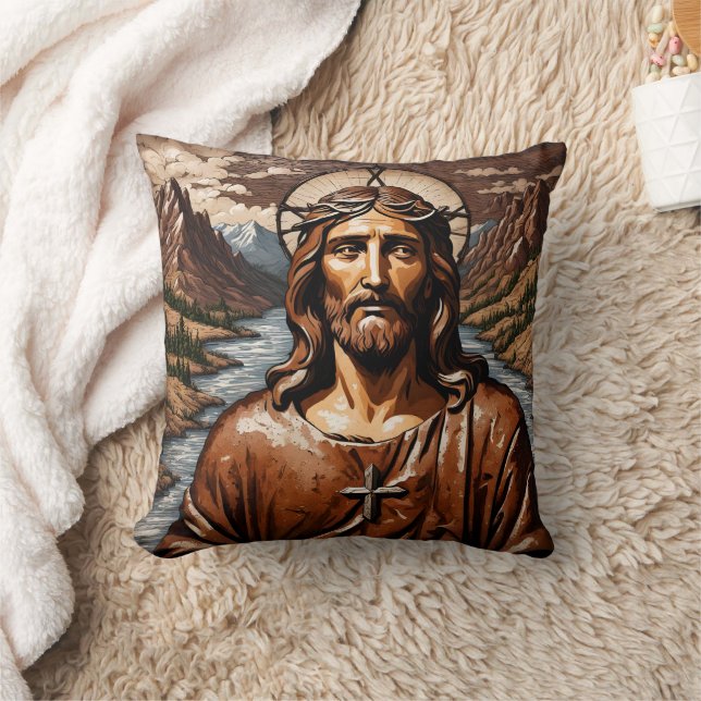 Jesus Surrounded by Mountains and Waterway Throw Pillow (Blanket)