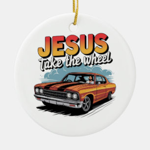 Jesus Take the Wheel Vintage Muscle Car Ceramic Ornament