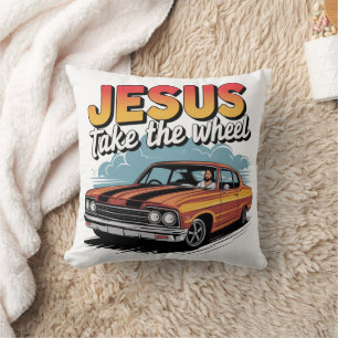 Jesus Take the Wheel Vintage Muscle Car Throw Pillow