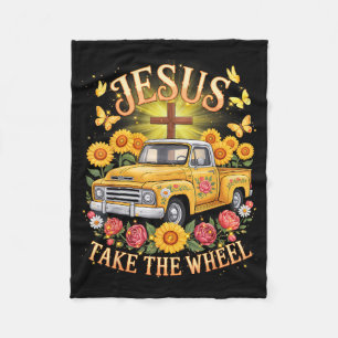 Jesus Take The Wheel Vintage Sunflower Faith Outfi Fleece Blanket