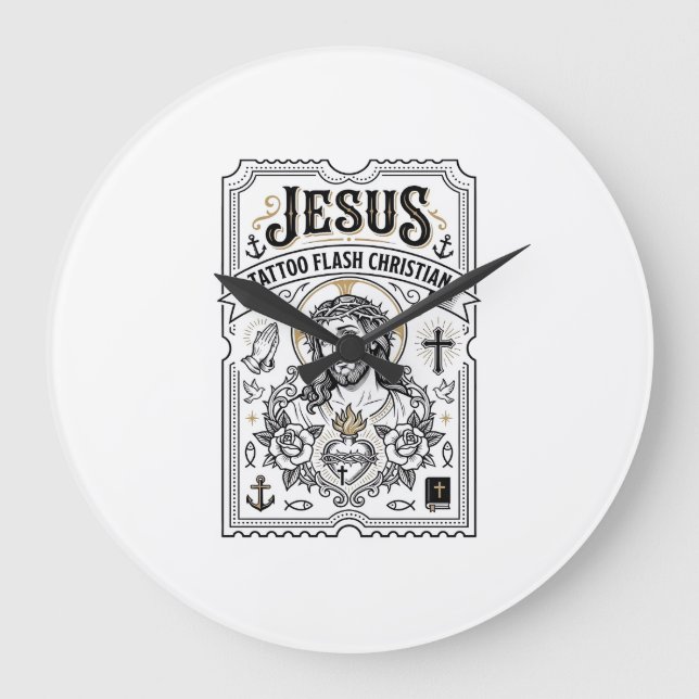 Jesus Tattoo Flash Christian Jesus Tattoo Flash Ch Large Clock (Front)
