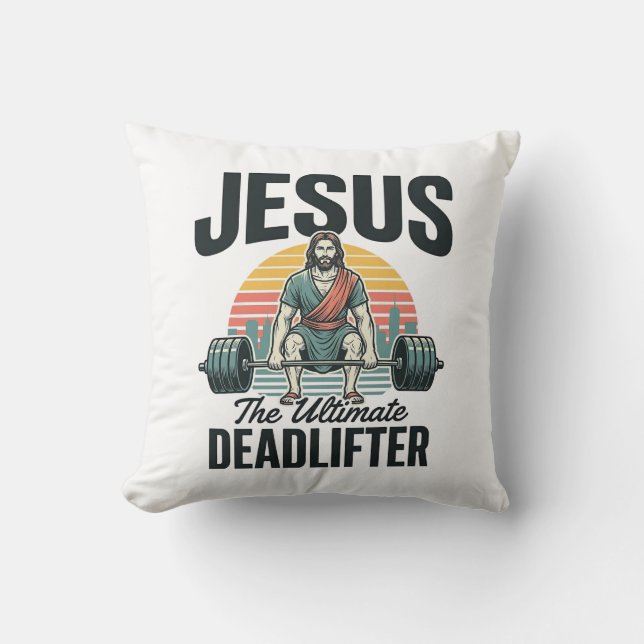 Jesus The Ultimate Deadlifter Vintage Throw Pillow (Front)