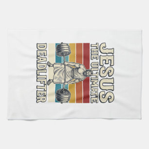 Jesus The Ultimate Deadlifter Vintage Vector Desig Kitchen Towel