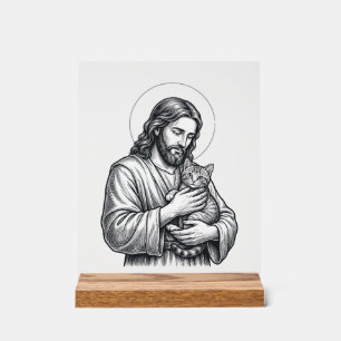Jésus vintage tenant un chat gravure graphique_1