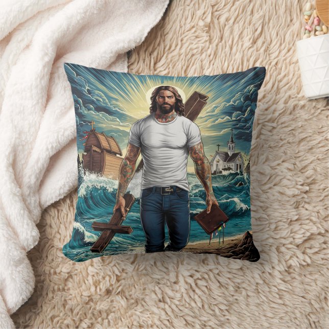 Jesus walking on turbulent waters with a cross throw pillow (Blanket)