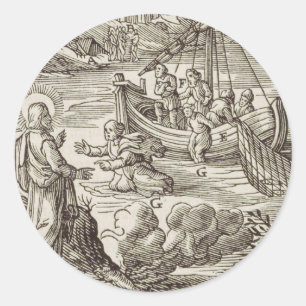 Jesus walking on water classic round sticker