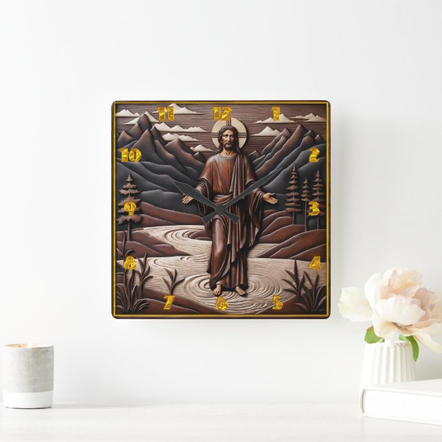 Jesus Walking on Water Surrounded by Mountains Square Wall Clock (Home)