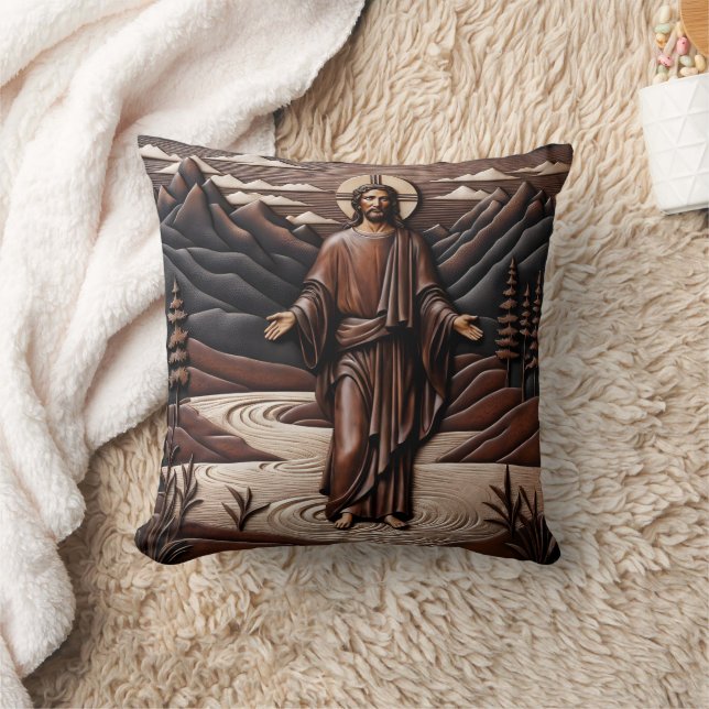 Jesus Walking on Water Surrounded by Mountains Throw Pillow (Blanket)