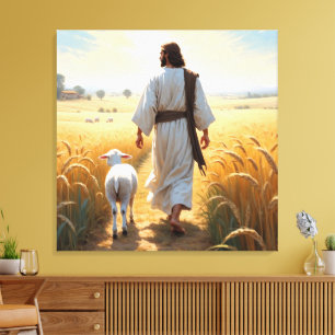 Jesus Walking Through Wheat Field with Lamb Canvas Print