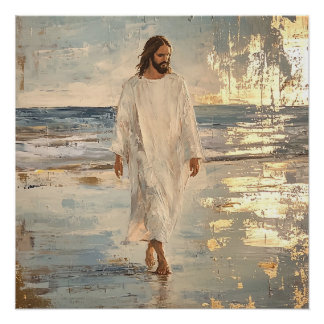 Jesus walks on the water in white clothes poster