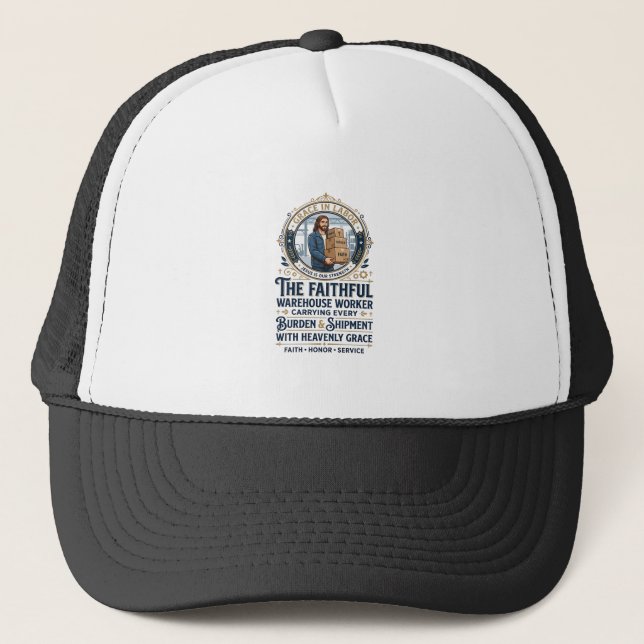 Jesus Warehouse Logistics Graphic Tee Christian Ar Trucker Hat (Front)