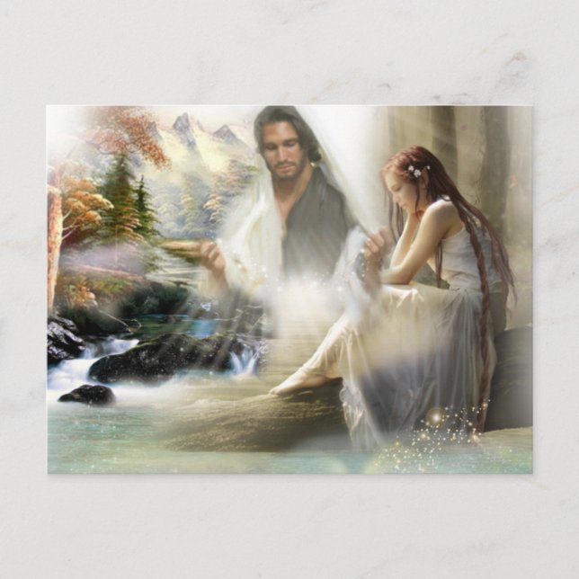 Jesus Watching Over Sad Girl Postcard (Front)