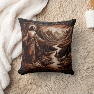 Jesus Welcoming in Serene Mountain Landscape Throw Pillow