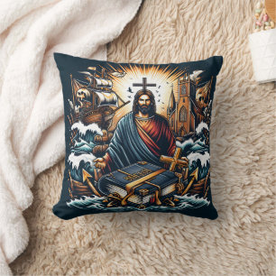 Jesus with a sacred book in stormy seas throw pillow